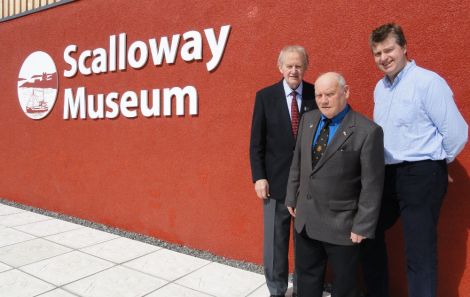 Former Shetland Bus Friendship Society chairman Jack Burgess, Scalloway Museum Curator Robbie Johnson, and John Tait of building firm DITT outside the new Scalloway Museum - Photo: hans J Marter