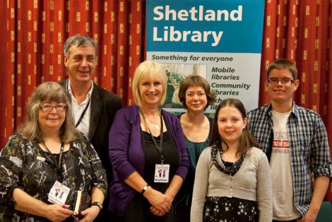 Winners, judges and organisers (from left to right); judge Mary Blance, Wordplay curator Donald Murray, competition organiser Morag Nicolson, judge Jen Hadfield, and winners Rachel Clarke and Peter Ratter - Photo: Billy Fox
