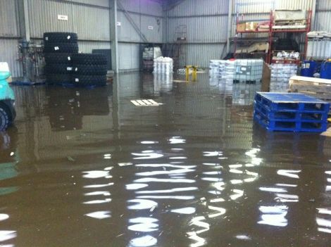 A flooded JBT warehouse in Lerwick on Thursday afternoon.