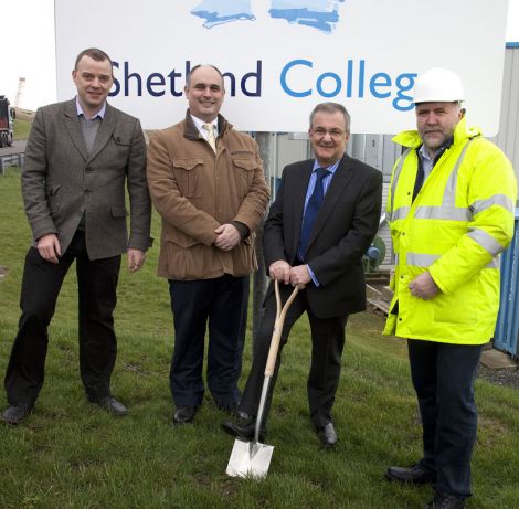Attending the turf cutting ceremony are Andrew Lyall (SIC), Professor David Gray and Allan Wishart (Shetland College UHI) and Ian Morrison (Hunter & Morrisons) - Photo: Billy Fox