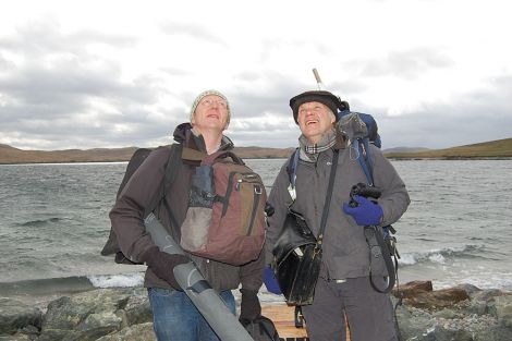 Musician Tim Dalling (left) and storyteller Malcolm Green survey the Shetland skies for seabirds before setting off for their next show - Photos: Pete Bevington