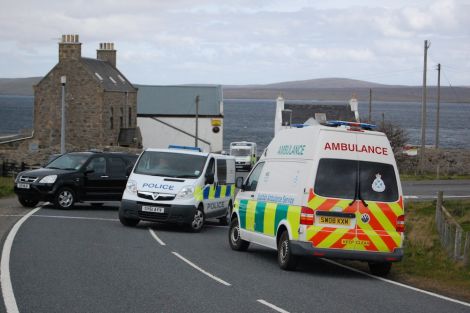 Police, fire and ambulance crews raced to Mossbank after fears of a gas leak following reports of a small fire in a house near the Welcome Inn on Friday morning. Pic. Shetland News