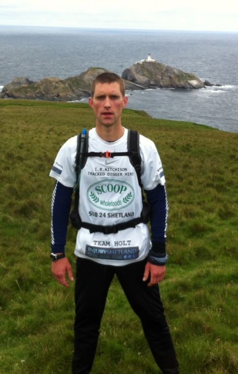 Luke Holt at the end of his 74 mile marathon from Sumburgh to Muckle Flugga. Pic. Jim Taylor