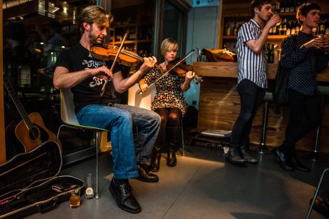 Barry Nisbet and Emma Johnson played the fiddles. Some danced, some looked on. Pic. Shetland Night in London (c) Joe Plommer