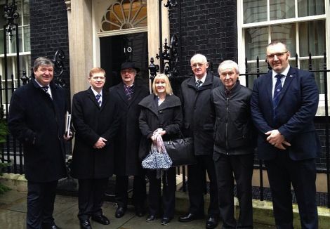 The SIC delegatrion gathers outside No 10 Downing Street. From left: Alistair Carmichael MP, Malcolm Bell, Mark Boden, Anita Jamieson, Cecil Smith, Allison Duncan and Gary Robinson.