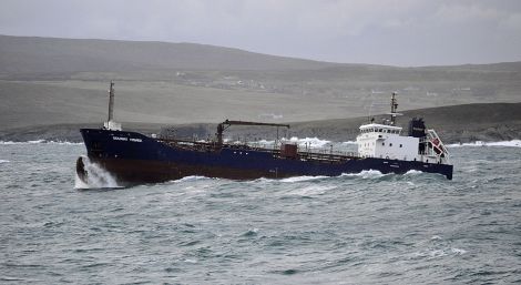 The Bahamas registered tanker Solway Fisher leaving Lerwick harbour on Friday afternoon - Photo: Mark Berry