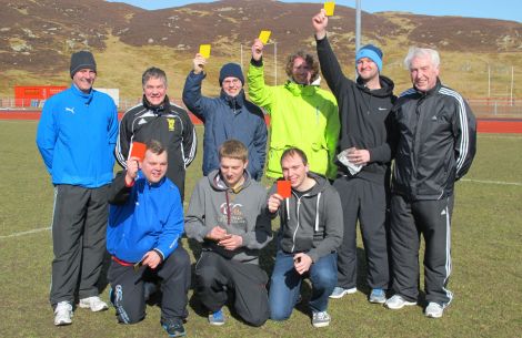 New referees, tutor and examiners (back row, from left to right): Steven Goodlad – tutor; George Ross – Aberdeen & District Referees president; Christopher Halcrow, Steven Jarmson, Danny Peterson; Sandy Roy – examiner. Front row (from left to right): Thorfinn Craigie, Ali Scott, Matthew Saunders – Photo: Steven Goodlad.