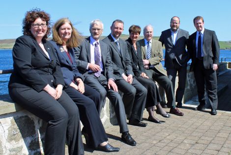 HIE delegation visiting Shetland (from left to right): area manger Rachel Hunter, board members Mary Bownes, William Swann, Gary Spence, director of regional development Carroll Buxton, board members Jim Royan and Steve Thomson, and chief executive Alex Paterson - Photo: ShetNews