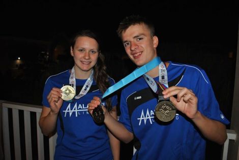 Andrea Strachan with her gold medal from the 50m breaststroke and Felix Gifford with his gold from the 200m butterfly and silver from the 200m individual medley - Photo: Swimming Team.