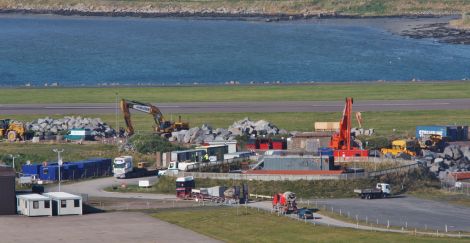 Rocks being delivered to the contractors carrying out repairs to the Sumburgh runway extension at the end of September. Photo Ronnie Robertson