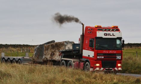 Two 25 tonne rocks on the back of a Gills truck heading for Sumburgh. Photo Ronnie Robertson