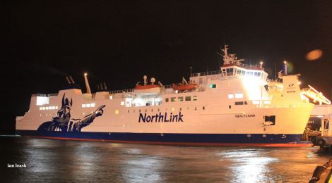 Hjaltland in Lerwick on Thursday night with her new livery. Photo Ian Leask