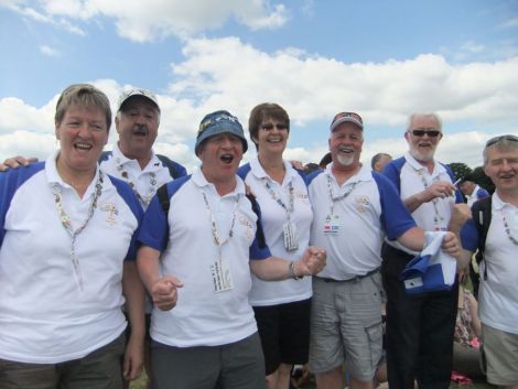 Shetland Supporters Group stalwarts at the athletics track in the Isle of Wight in 2011. From left: Sheila Manson, Dougie Grant, Colin Jamieson, Olive Macleod, Stanley Manson, Ginger Macleod and Roy Leask. Photo: Bob Kerr