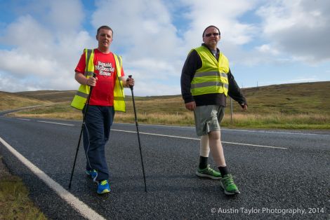 Marc Sherwood and Christopher Macgregor striding along near Channerwick. Photo: Austin Taylor