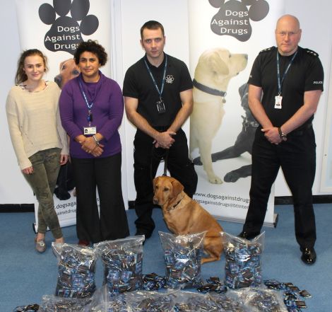 Warning of the use of legal highs are (from left) NHS Shetland health improvement practitioner Erin Tait, health improvement manager Elizabeth Robinson, Dogs Against Drugs dog handler Ewan Anderson with Blade, and Shetland area commander chief inspector Eddie Graham - Photo: Hans J Marter/ShetNews