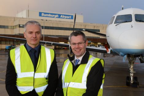 Sumburgh airport manager Nigel Flaws (left) with transport minister Derek Mackay in Sumburgh on Thursday.