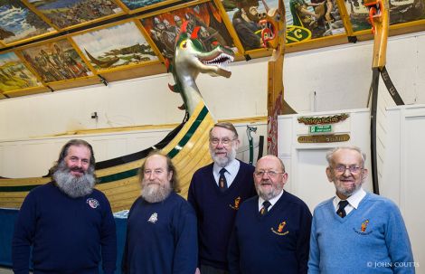 Five decades of guizer jarls from the same squad pictured at the Galley Shed last week. From left: this year's jarl Neil Robertson, Brucie Leask (2002), Peter Leask (1995), John Ratter (1985) and John Johnston (1976). Photo: John Coutts