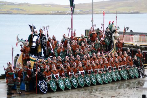 The Jarl's Squad gather in Lerwick Harbour for their official group shot. Photo: Mark Berry