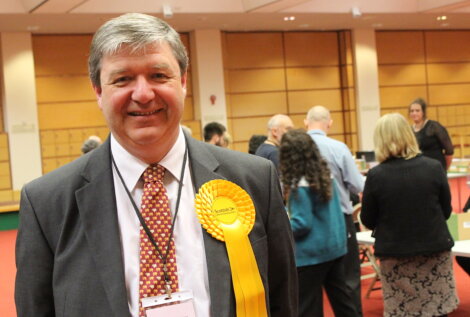 Newly re-elected MP Alistair Carmichael at the count on Friday morning. Photo: Shetnews