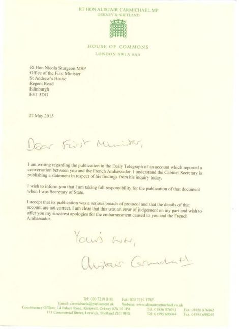 Alistair Carmichael's letter of apology to Nicola Sturgeon tweeted by the first minister on Friday afternoon.