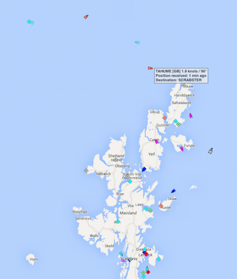 A screenshot of the marine traffic.com website showing the Tahume fishing to the northwest of Unst on Monday afternoon.