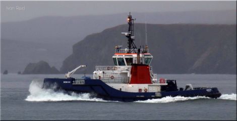 The Sullom Voe harbour tug Bonxie steaming past Whalsay on Saturday afternoon - Photo: Ivan Reid