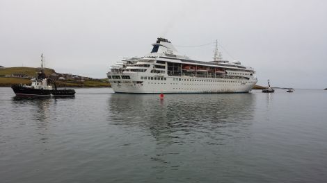 MV Gemini leaving Scalloway following a year-long stay on Tuesday morning. Photo: Saro Saravanan