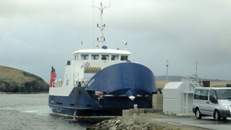 Bluemull Sound ferry Bigga berthing at Gutcher, which had to be dredged last year to avoid damaging stern gear.