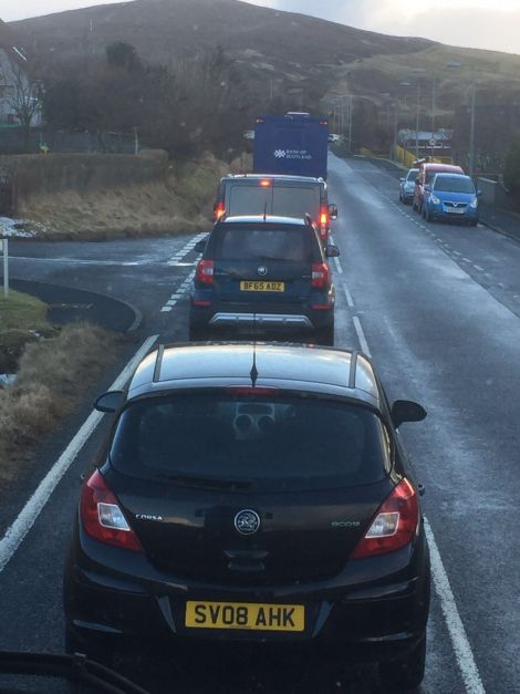 The road closure caused lengthy tailbacks in Voe on Tuesday afternoon.