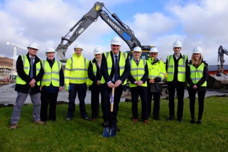 Altogether now. Education and families committee vice chairman George Smith, who also chairs the Shetland Sporting Partnership Strategic Group, sinks his spade into the Clickimin soil to mark the start of work on the new indoor pitch. Smith is flanked by (from left) Cllr Billy Fox, Cllr Vaila Wishart, site supervisor with contractor Collinson Ryan Davies, Cllr Peter Campbell, Shetland Recreational Trust general manager James Johnston, SRT technical services manager David Wagstaff, and Trevor Smith and Annie Nicolson from the Anderson High School project team.