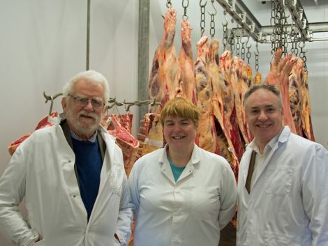 Rural affairs secretary Richard Lochhead (right) with local SNP candidate Danus Skene and Shetland abattoir manager Lauraine Manson.