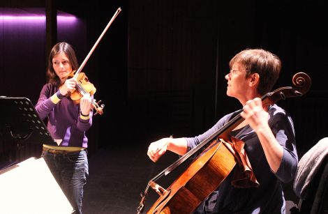 Violinist Cheryl Crockett and cellist Alison Lawrance during rehearsals on Thursday afternoon - Photo: Hans J Marter/ShetNews