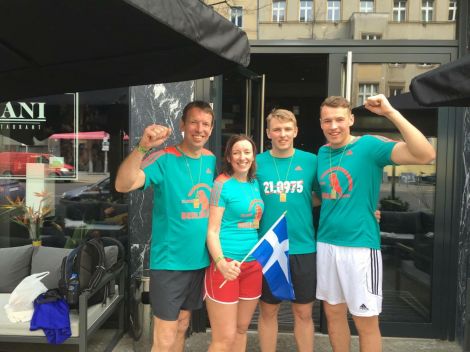 Pictured after running in the Berlin half marathon on Sunday, from left to right: Stewart, Elaine, Shane and Haydn Jamieson.