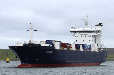 The NorthLink cargo vessel Hildasay arriving at Lerwick harbour.