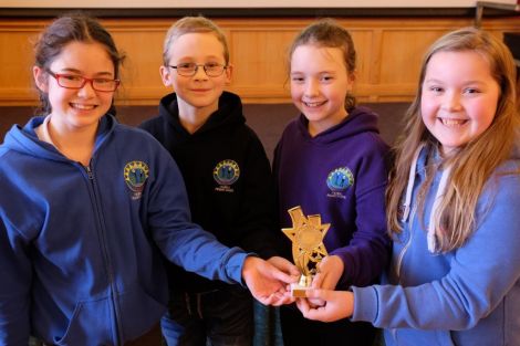 The P6 pupils from Tingwall Primary School who won today’s Euroquiz final – (from left) Kanchana Walls, Evan Moncrieff, Ruby Duncan and Lucy Thomson. Photo courtesy of SIC