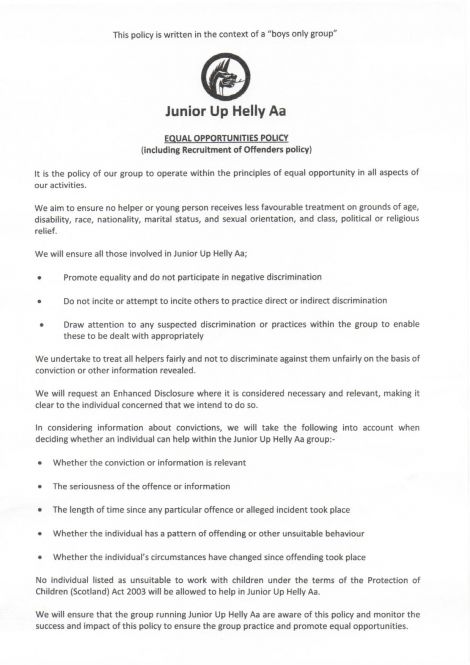 A copy of the Junior Up Helly Aa's equal opportunities policy, as submitted to Lerwick Community Council.