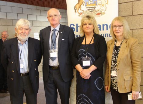 Amanda Westlake (second from right) alongside fellow Lerwick South councillors Peter Campbell, Cecil Smith and Beatrice Wishart following the election count at Clickimin earlier this month. Photo: Shetland News/Hans J. Marter.