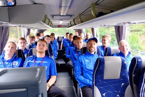 Team Shetland's football squad on the bus ahead of Sunday's 5-4 opening day victory over Saaremaa. Photo: Shetland Island Games Association.