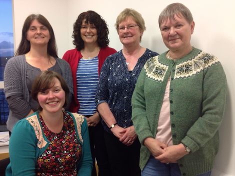 ShetlandPeerieMakkers coordinator Tracey Hawkins (sitting) with four tutors (back row left to right): From left to right, Angela Fraser, Unst; Janette Budge, Dunrossness; Wilma Malcolmson, Cunningsburgh and Christine Brown, Ollaberry.
