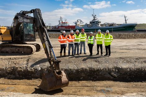 Inspecting on-site progress (Left to right): Andy Sandison and Paul Nicol, Arch Henderson; George Smith and Kenny White, Tulloch Developments; with Lerwick Port Authority chief executive Sandra Laurenson, superintendent Patrick Johnson and Stuart Wadley (HSEQ manager). Photo: John Coutts