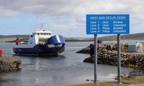 The Bigga arriving at Gutcher. Photo: Hans J Marter/Shetland News