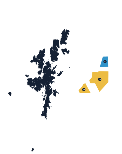 Map showing orkney islands with highlighted regions and numerical labels.