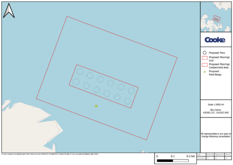 A schematic representation of a proposed marine aquaculture site with mooring arrangements and a feed barge, including a scale for reference.