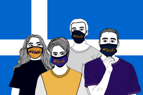 Four illustrated individuals wearing masks with the hashtag 