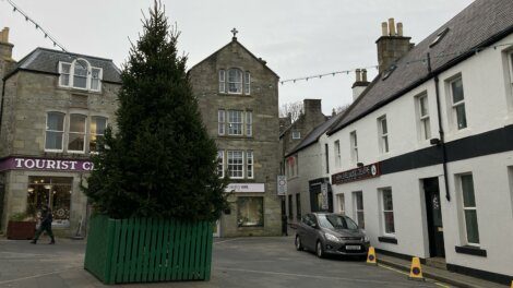 A street in scotland with a tree in the middle.