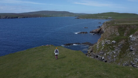 A person is standing on a grassy hill overlooking the ocean.