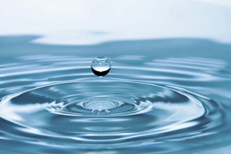 A single water droplet creating ripples on a smooth water surface.