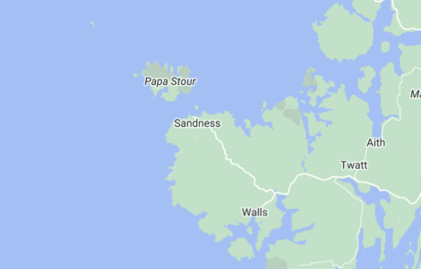 A map showing the geographic locations of papa stour, sandness, and walls in a coastal region.