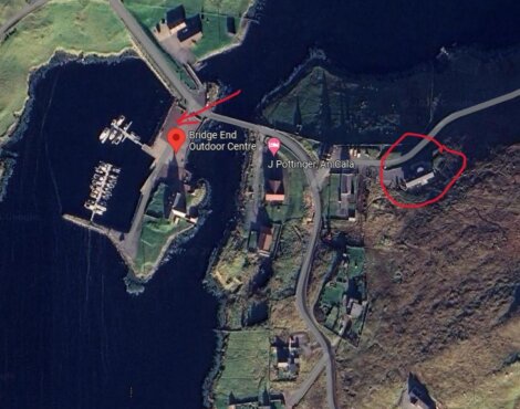 Aerial view of a coastal area with key locations labeled, including bridge end outdoor centre and j pottinger ang gala.